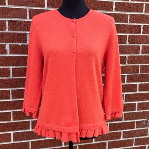 -Sutton 100% Cashmere Ruffled Cardigan Orange Button-Down Women's Size Large